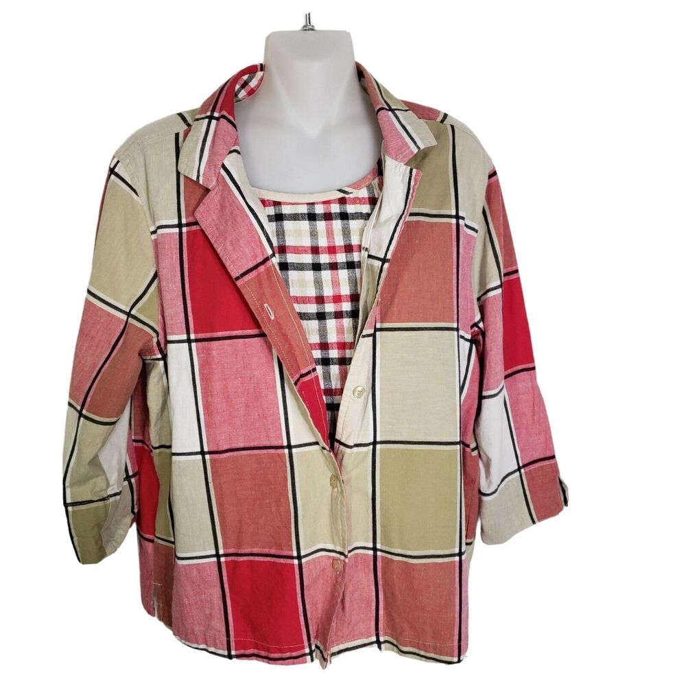 Cabin Creek Women's 2 Piece Shirt Set Large Button Up Pullover Plaid 3/4 Sleeve